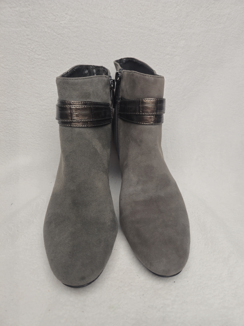 Bandalino Grey Suede Ankle Boots with Metallic Accent